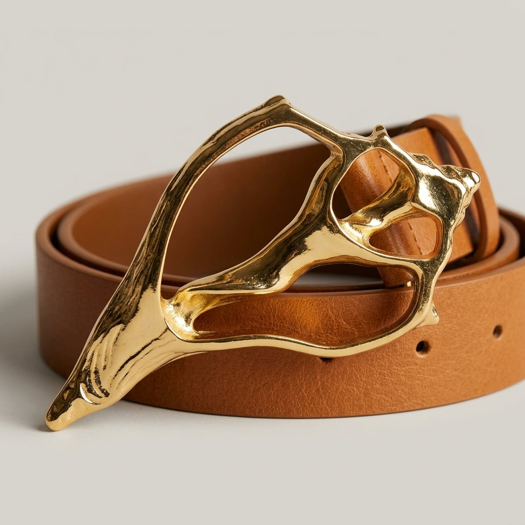 Wide Leather Shell Buckle Belt