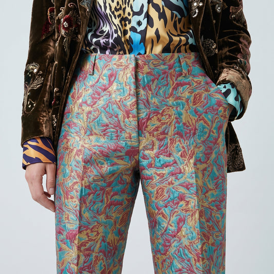 Turquoise Jacquard Cropped Trousers