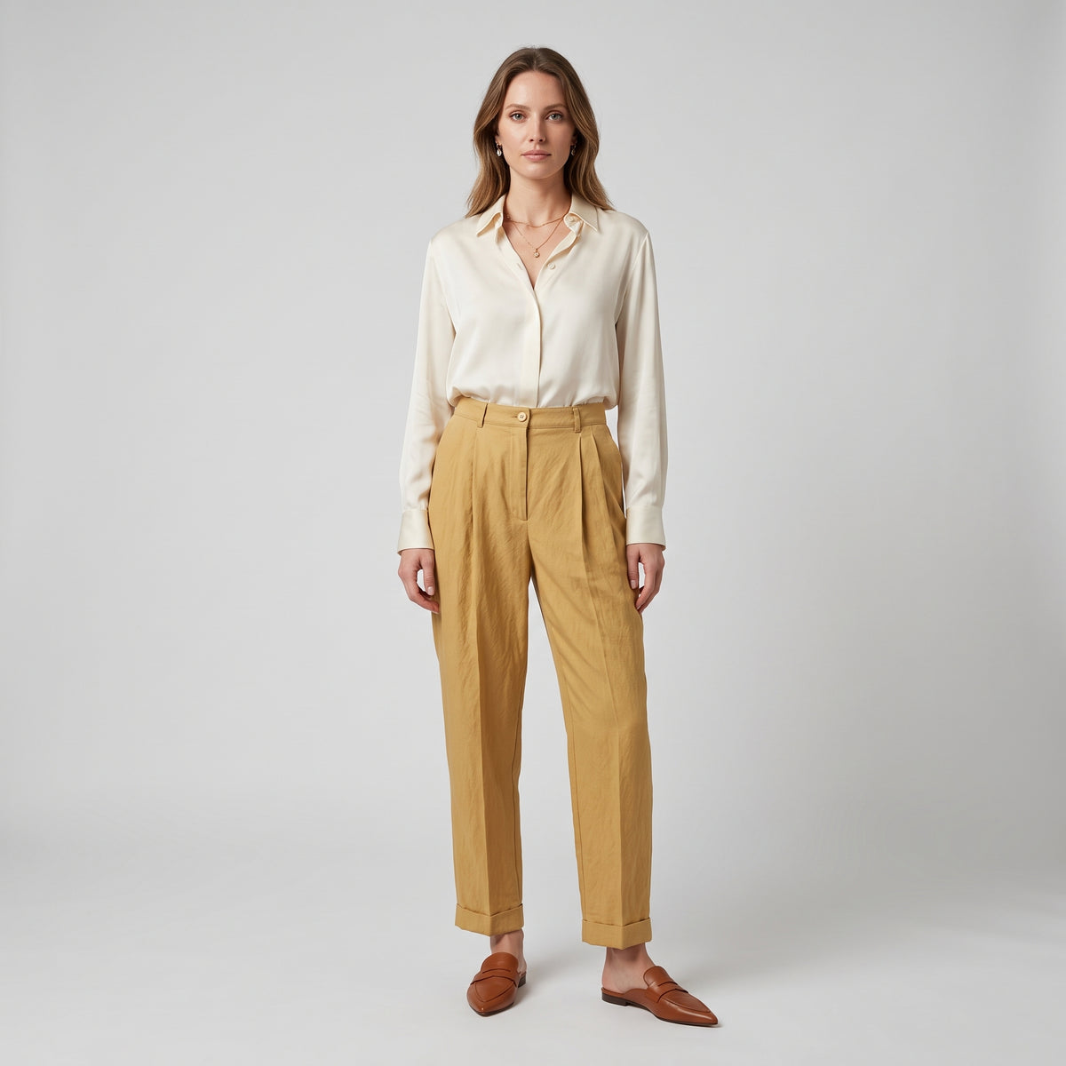 High-Waisted Pleated Gold Trousers