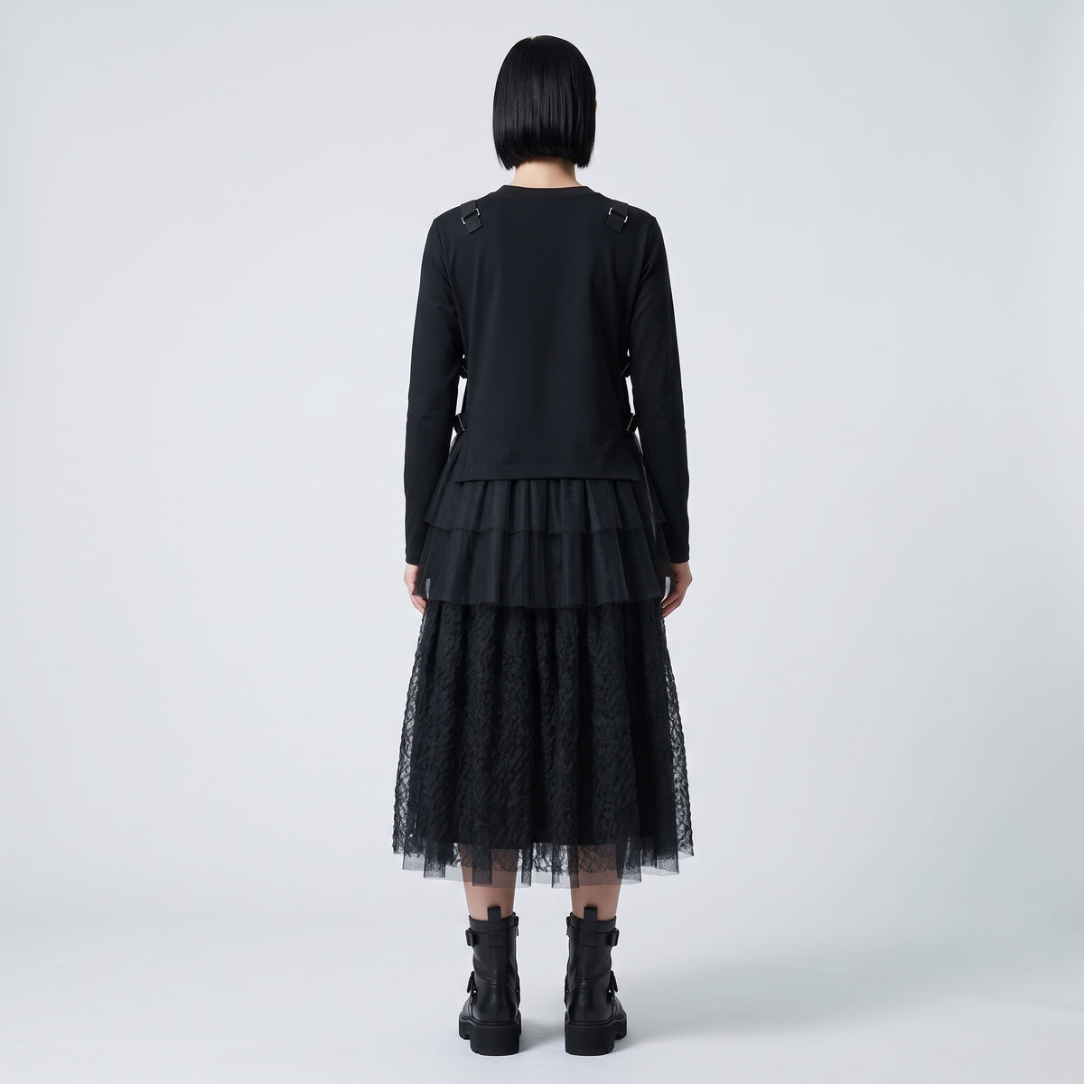 Buckled Tulle Hem Knit Top