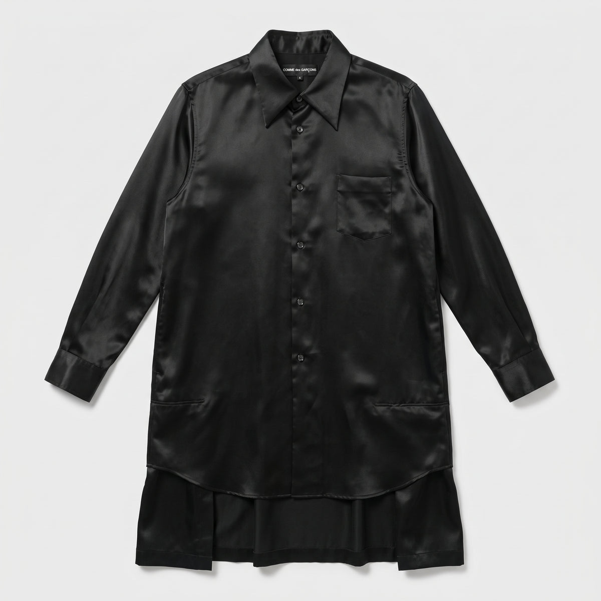 Black Satin Tiered Shirt Dress