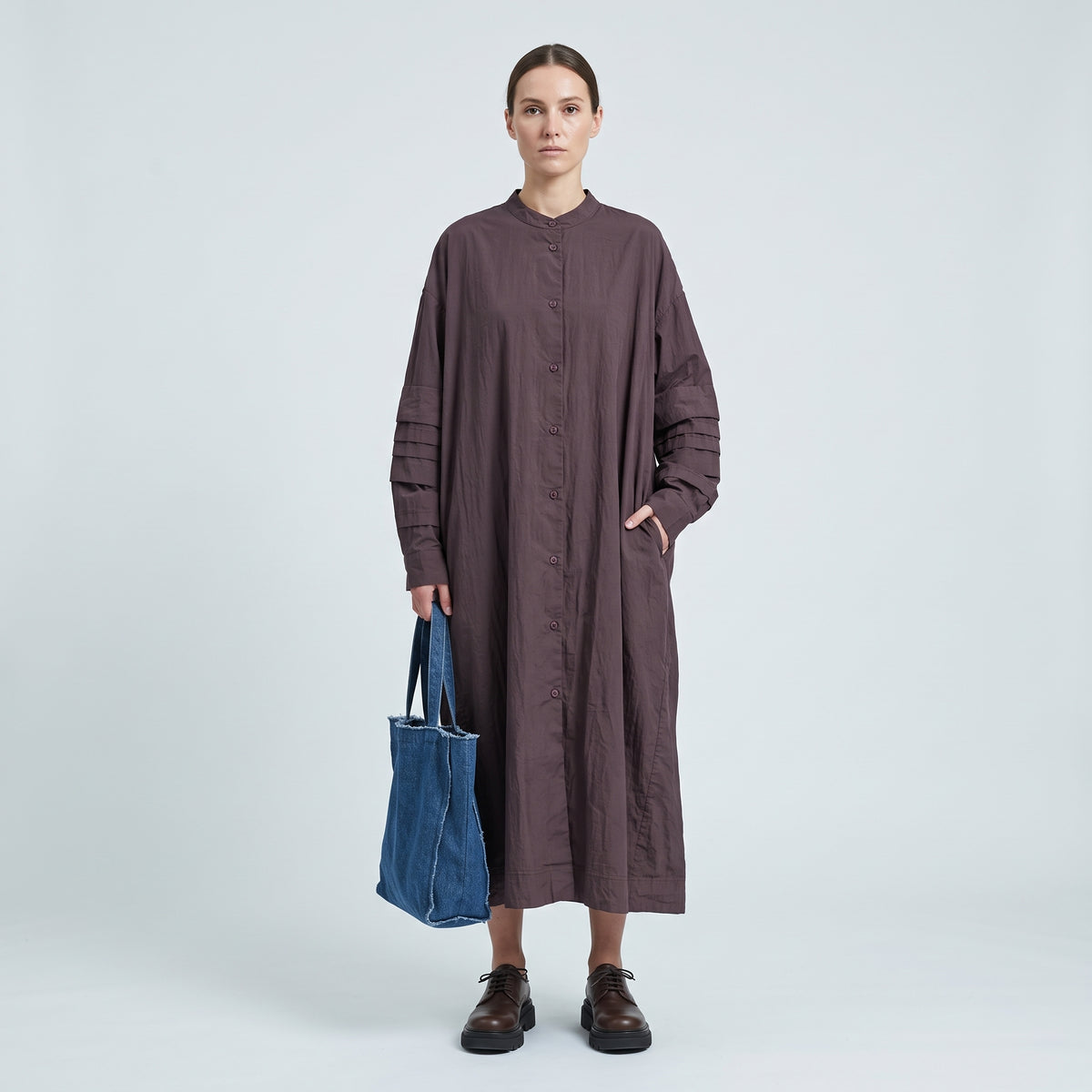 Pleated Sleeve Wine Shirt Dress