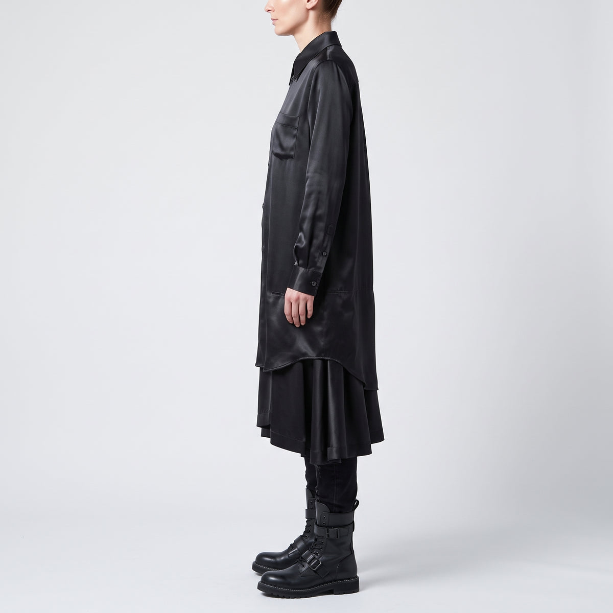 Black Satin Tiered Shirt Dress