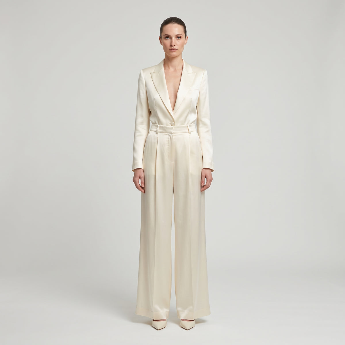 Pleated Satin Wide Leg Trousers