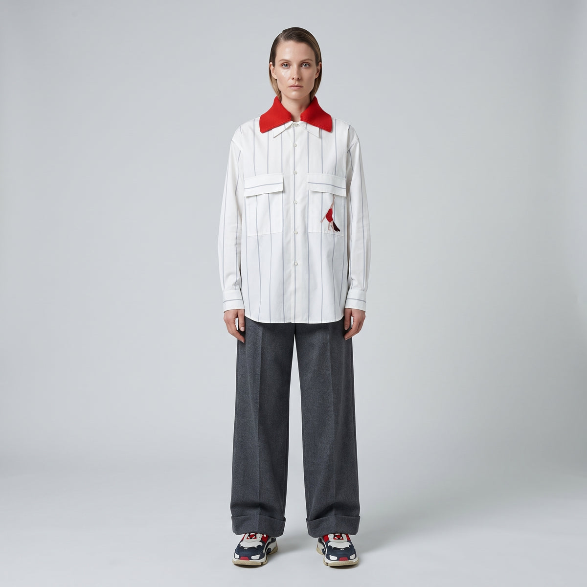 Contrast Collar Striped Cotton Shirt