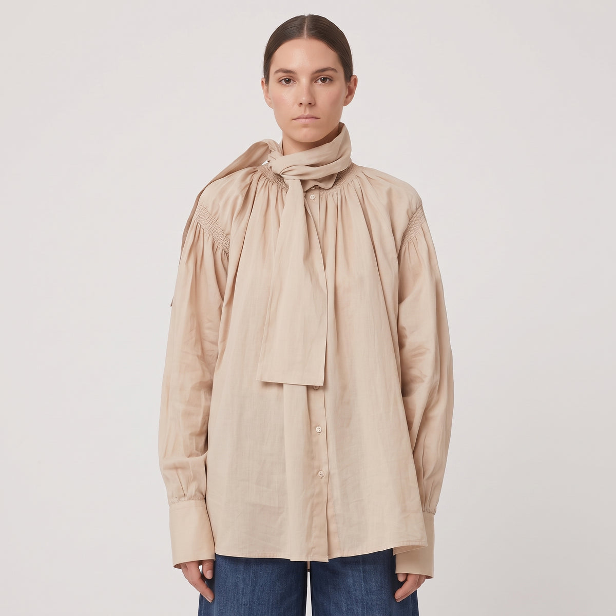 Smocked Tie-Neck Cotton Blouse