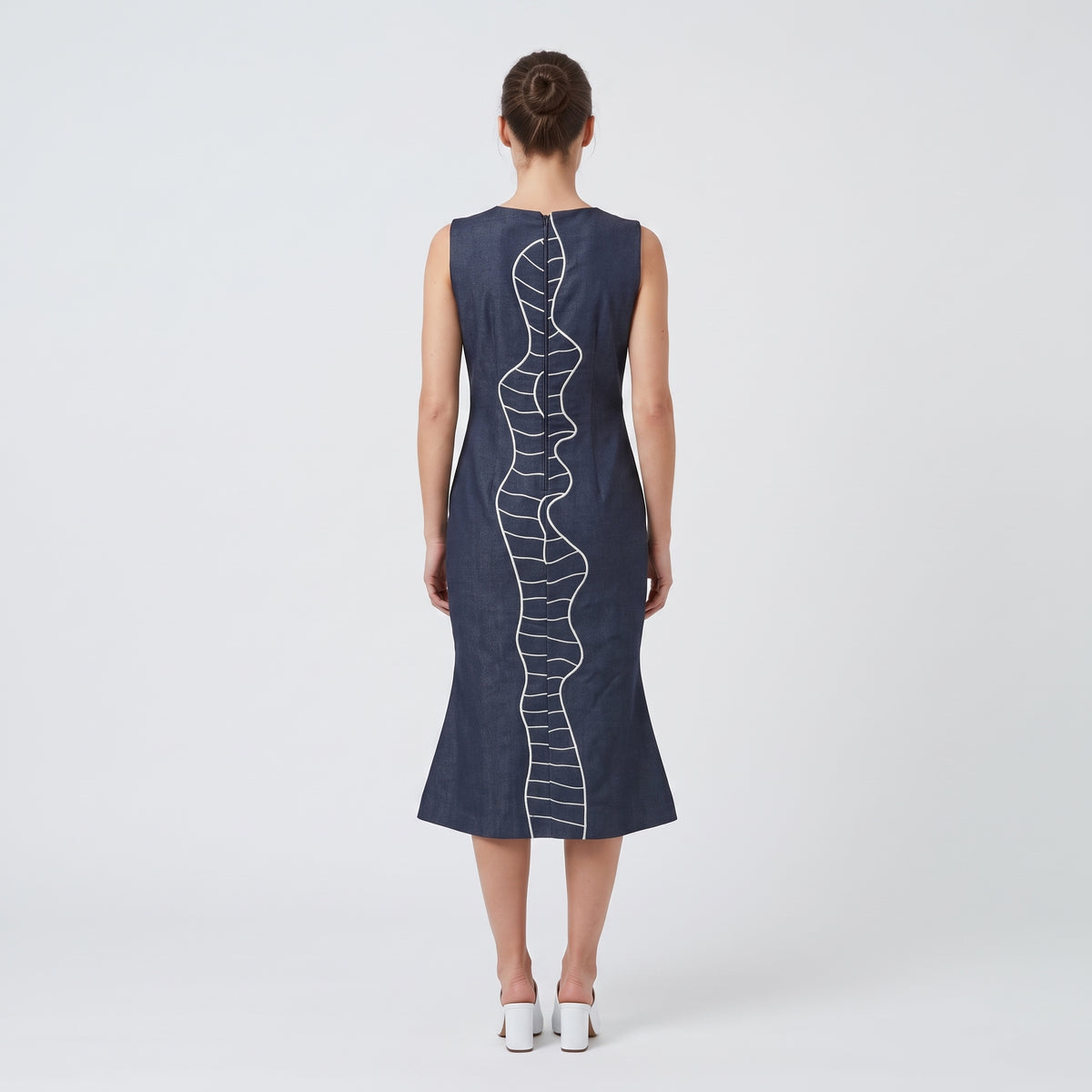 Navy Embroidered Abstract Fluted Dress