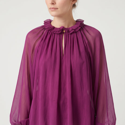 Ruffled High-Neck Violet Blouse