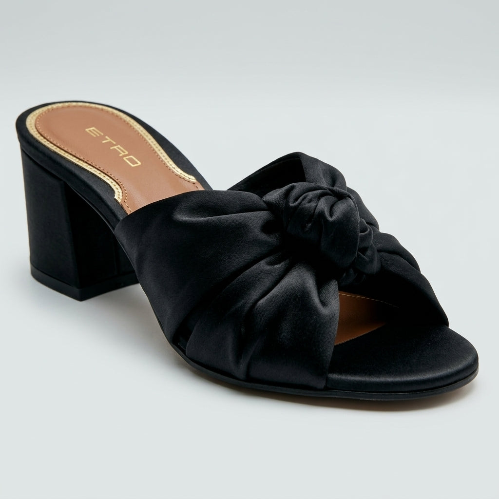Satin Knotted Block Heel Mules