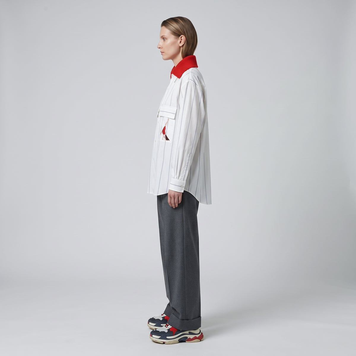 Contrast Collar Striped Cotton Shirt