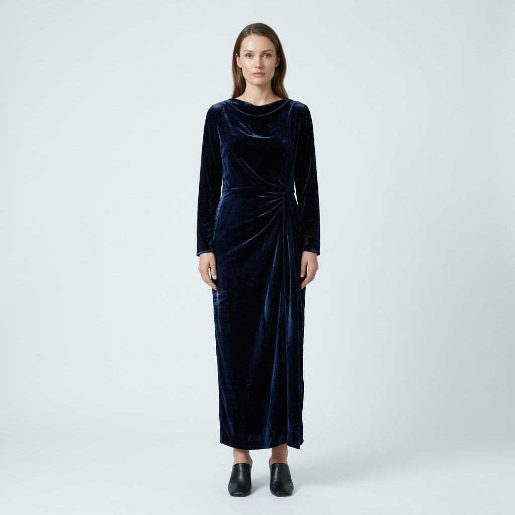 NATAN Draped Navy Velvet Midi Dress - view 2
