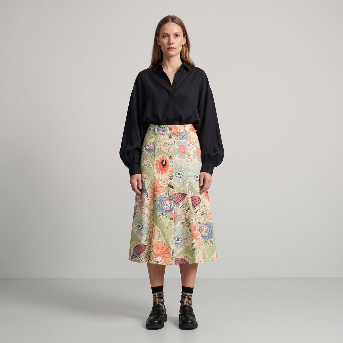 Coral Floral Button-Front Skirt