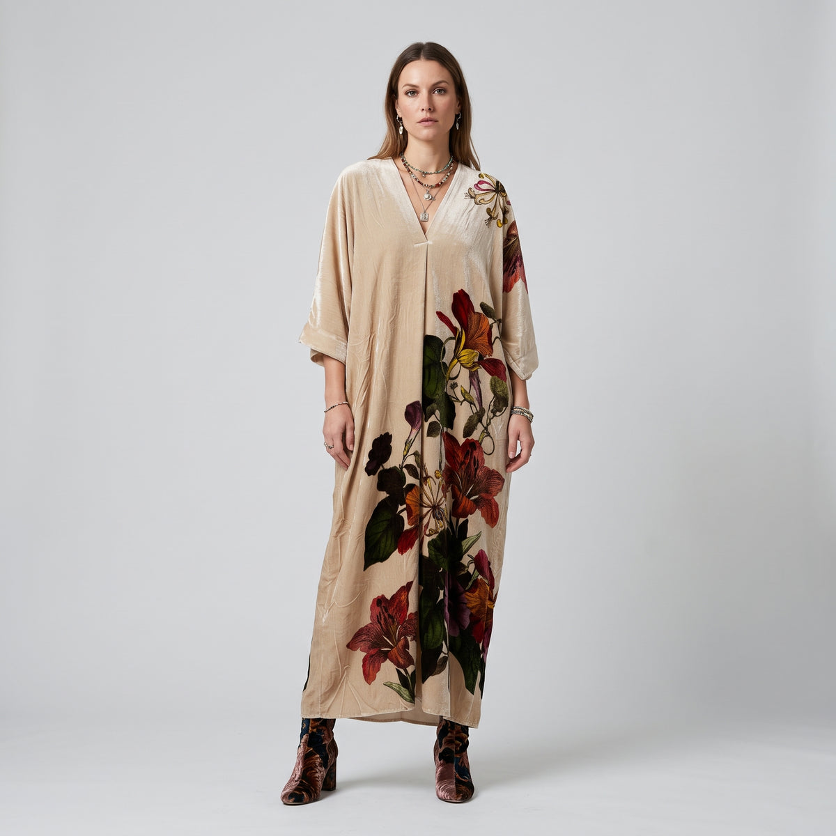 Floral Velvet V-Neck Kaftan Dress