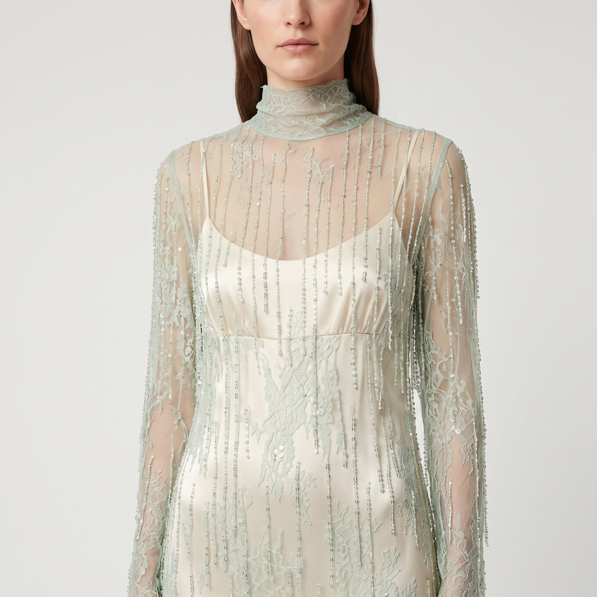 Beaded Mesh Layered Midi Dress