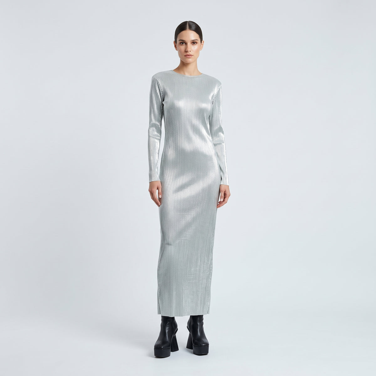 ACT N1 Silver Pleated Long Sleeve Dress - view 3
