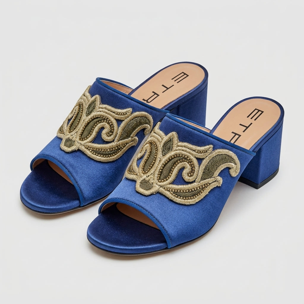 Velvet Embroidered Block Heel Sandals