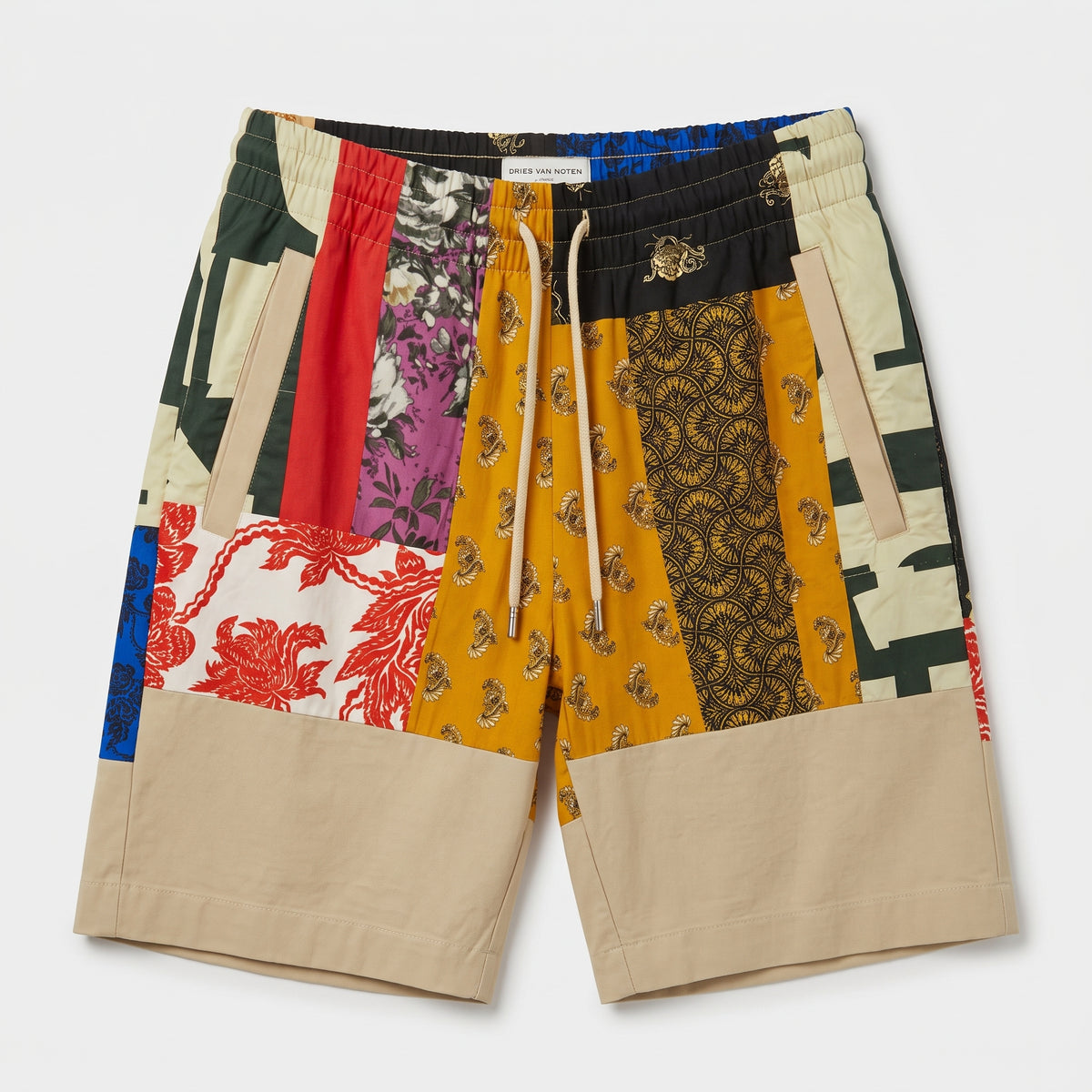 Patchwork Cotton Drawstring Shorts