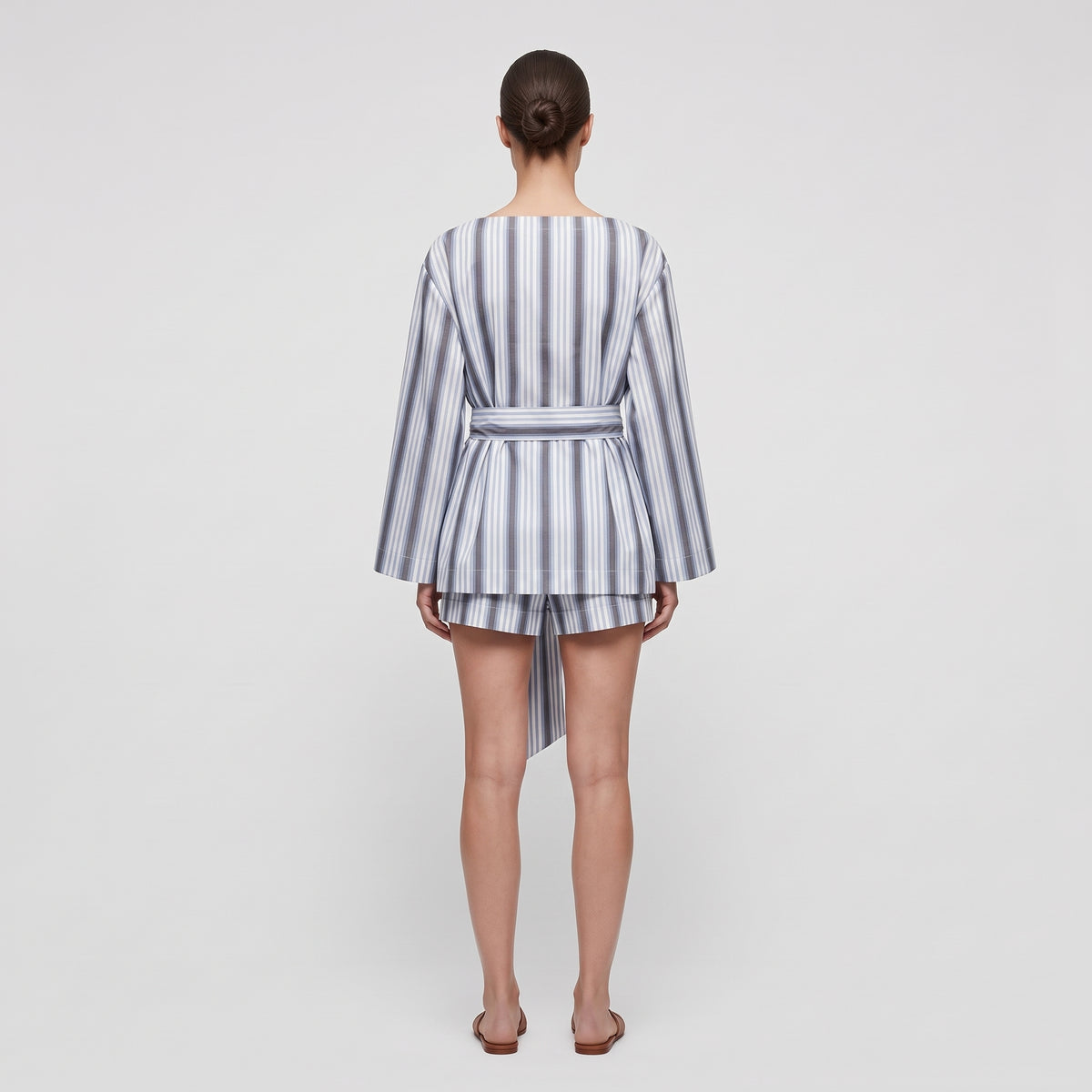 Striped Boat Neck Tie-Waist Blouse