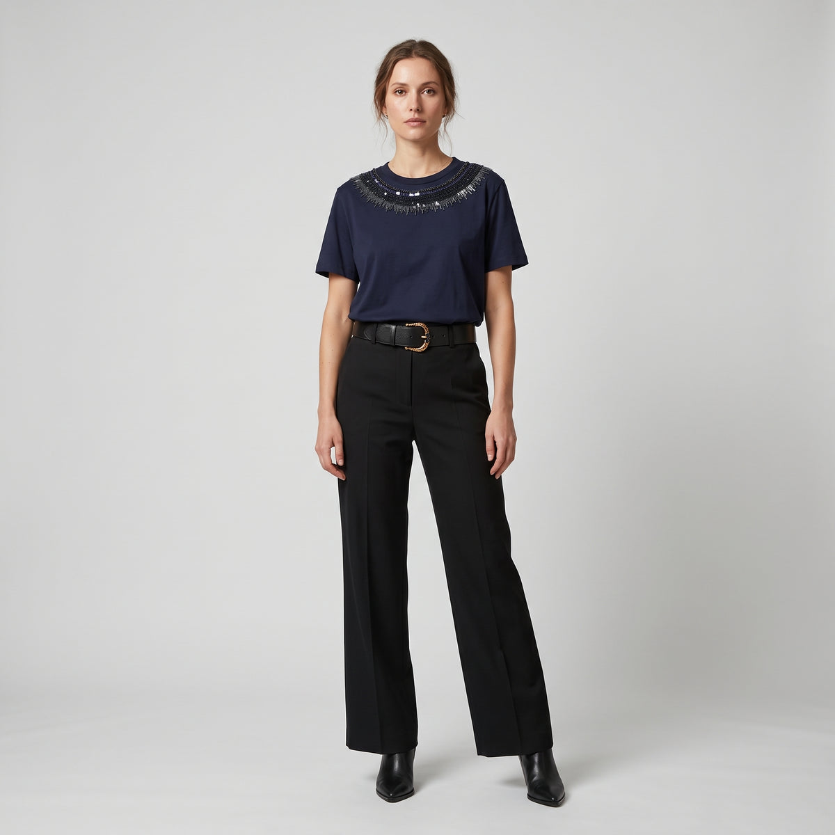 Embellished Neckline Navy T-Shirt