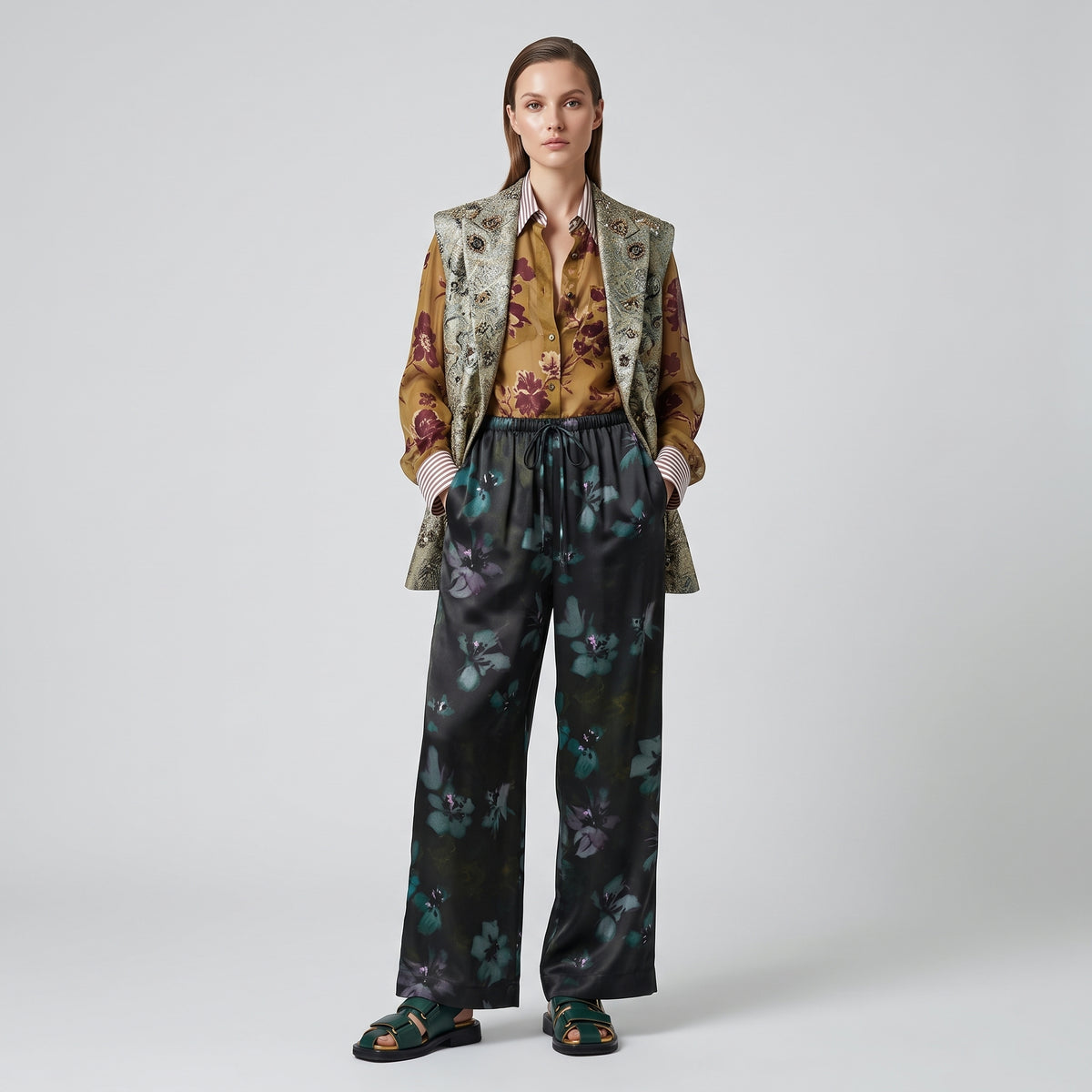 Floral Print Fluid Wide-Leg Pants