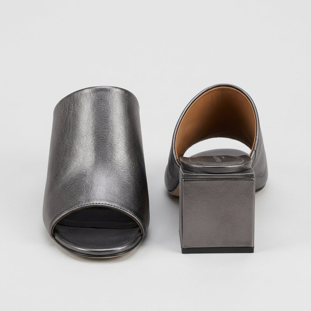 Metallic Leather Block Heel Mules