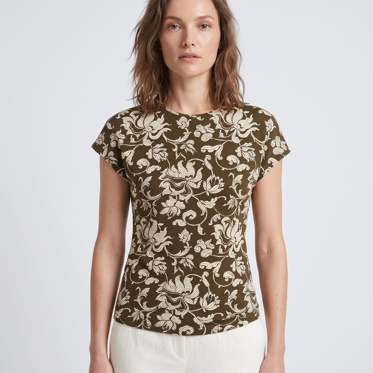 French Lily Floral Cap-Sleeve Top