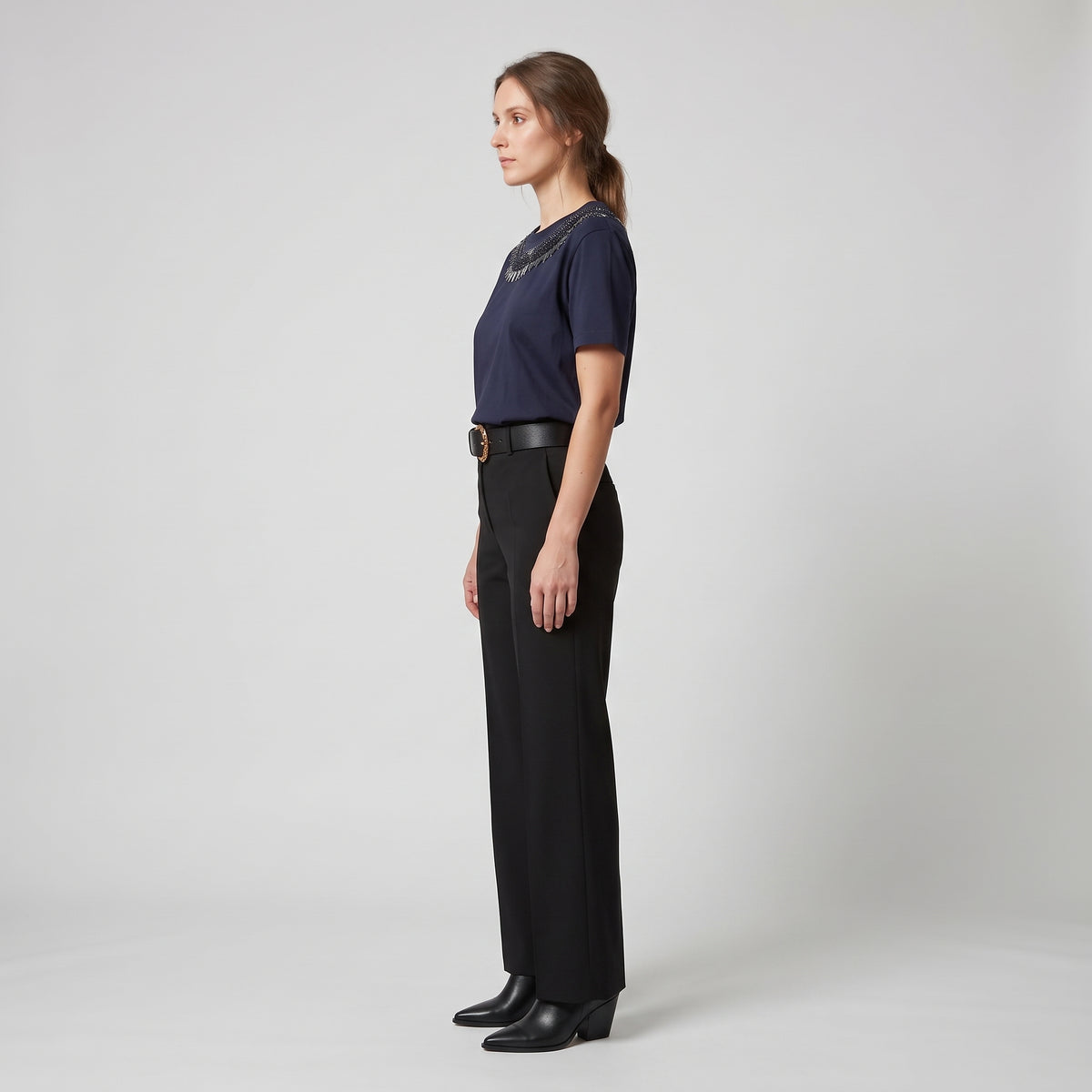Embellished Neckline Navy T-Shirt