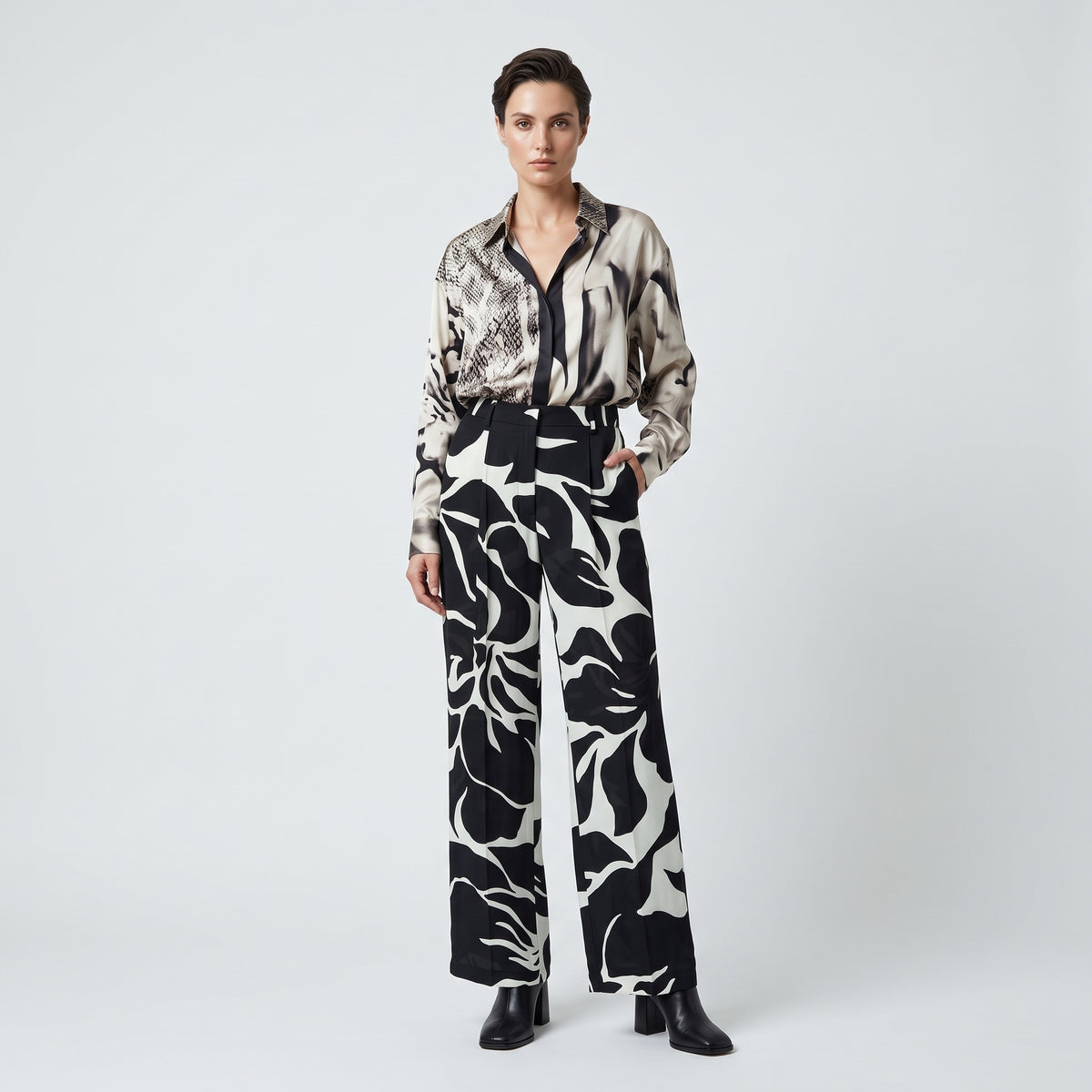 Monochrome Floral Wide Leg Trousers