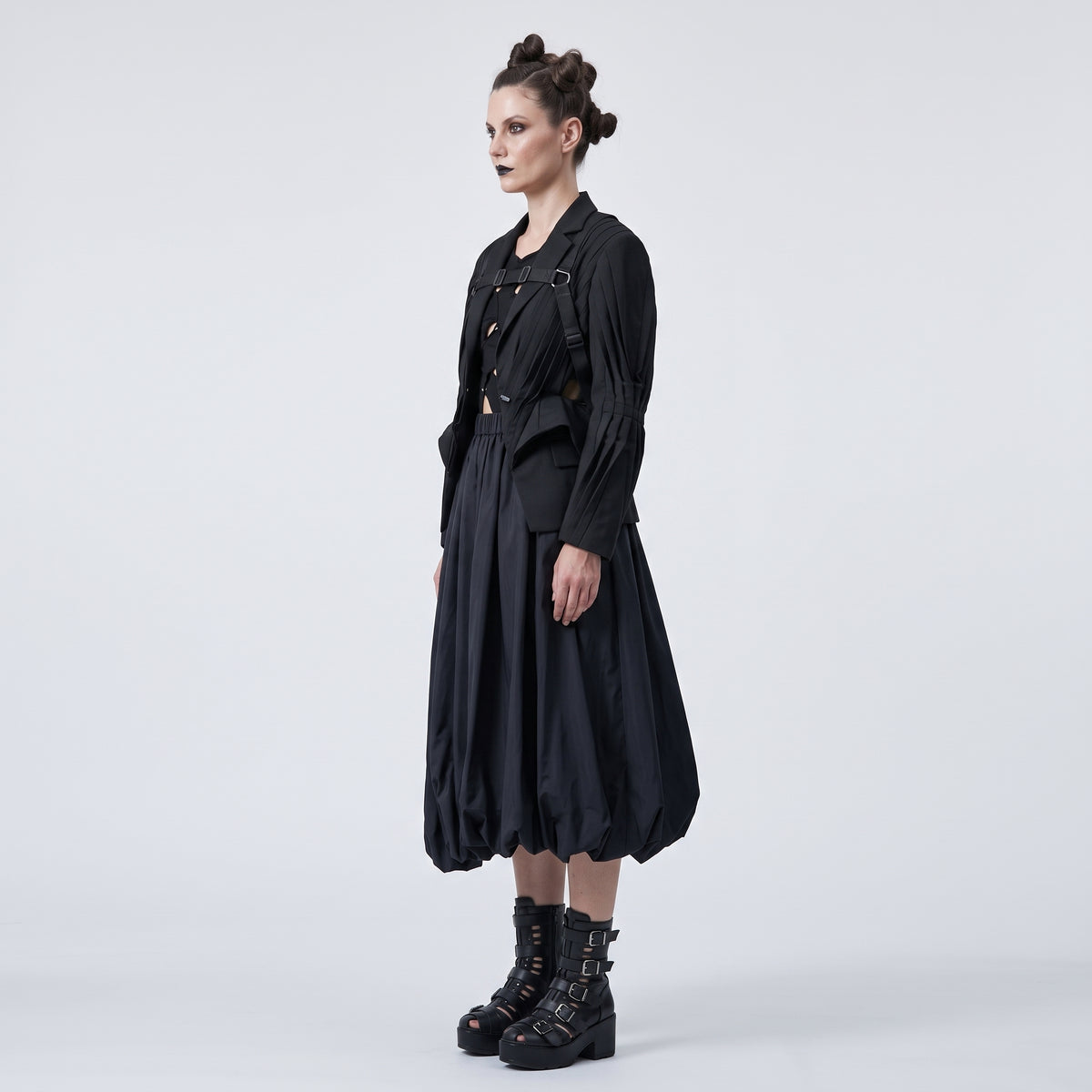 Black Gathered Balloon Midi Skirt