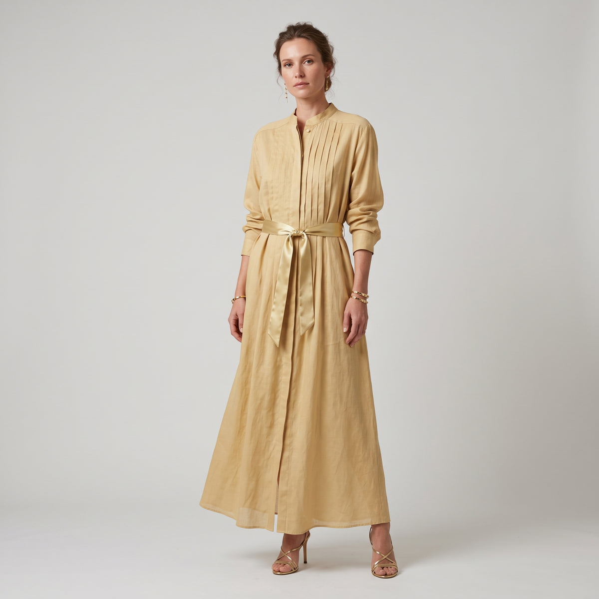 ALBERTA FERRETTI Belted Pleated Linen Midi Dress - view 3
