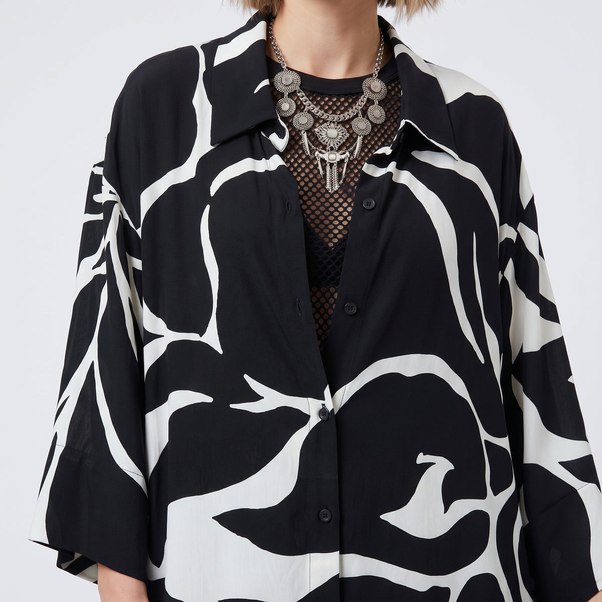 Monochrome Leaf Print Shirt Dress