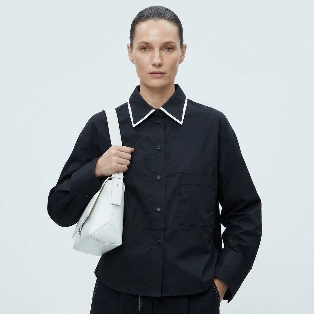 PLAN C Contrast Trim Navy Cotton Shirt - view 4