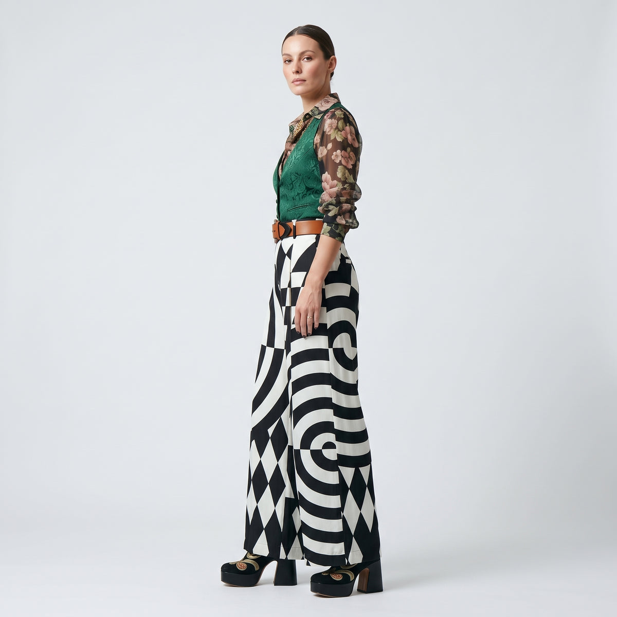 Optical Print Wide Leg Trousers