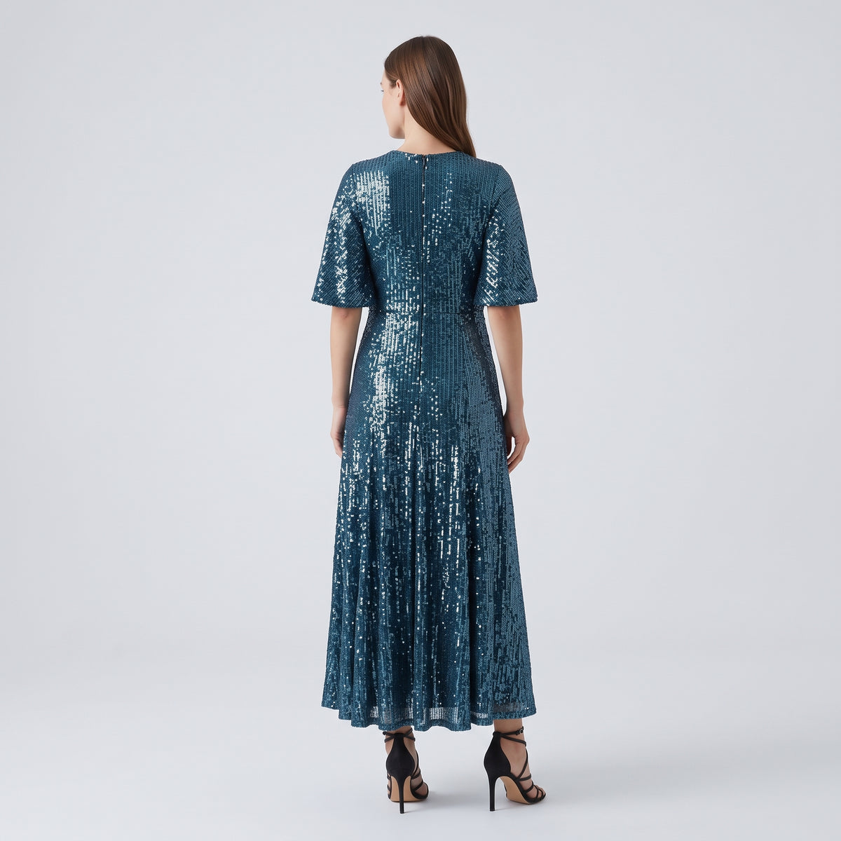 Sequin Flutter Sleeve Midi Dress