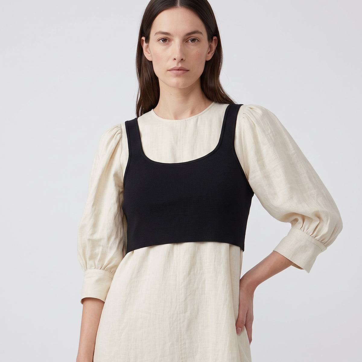 Oatmeal Puff Sleeve Midi Dress