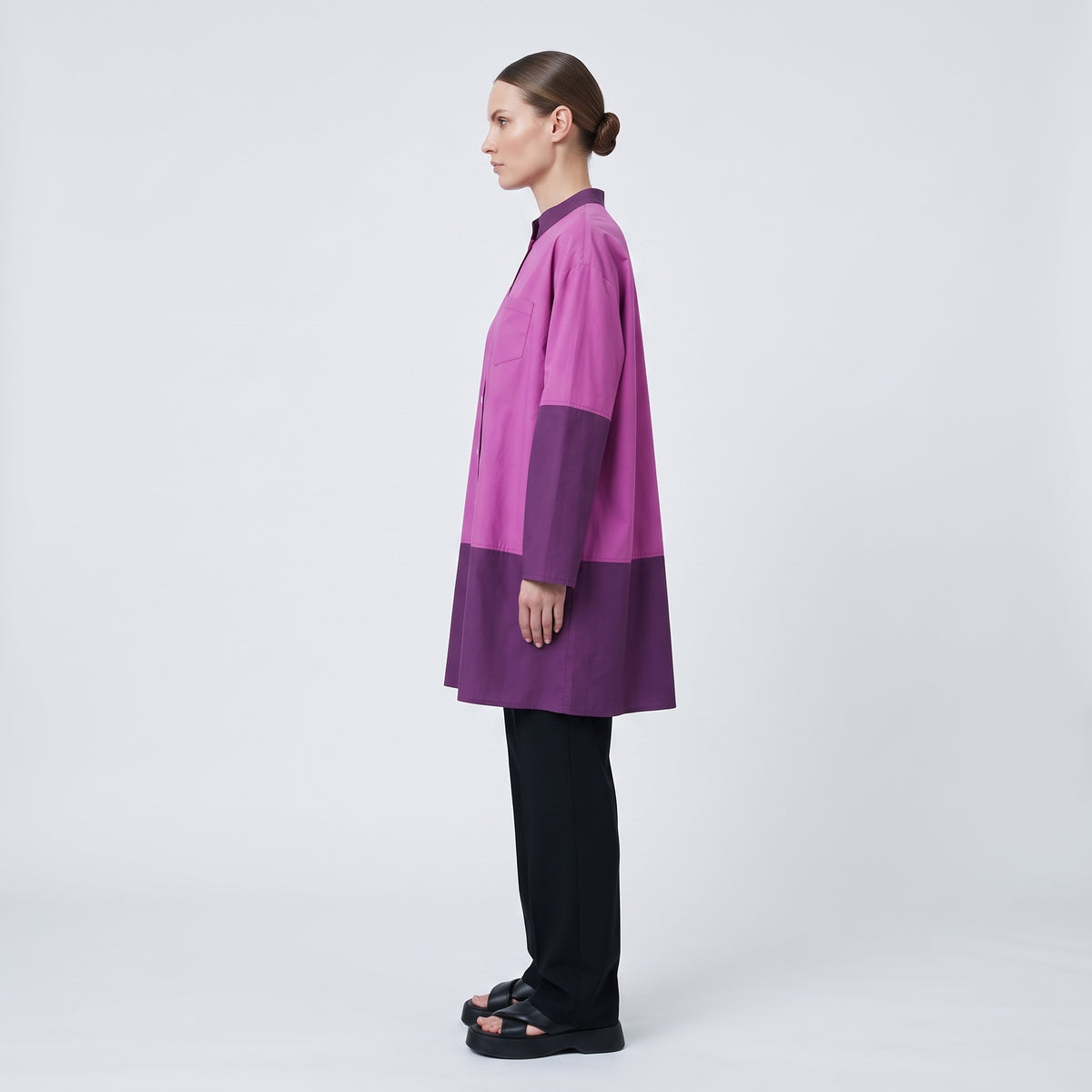 TSUNODA Color-Blocked Purple Band-Collar Shirt - view 4