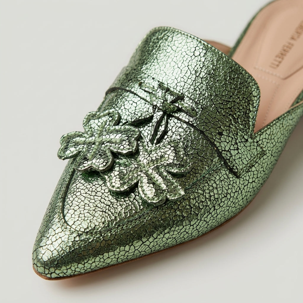 Metallic Green Floral Pointed Mules