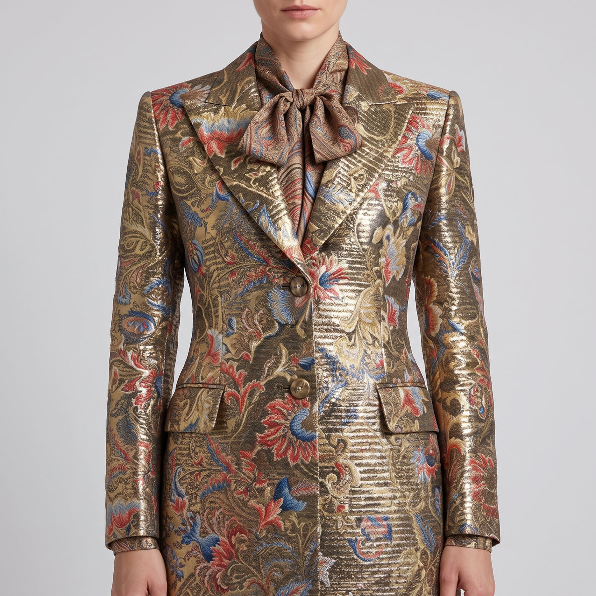 Gold Jacquard Floral Tailored Coat