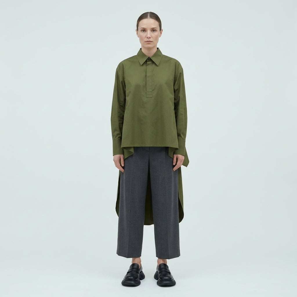 PLAN C Layered Olive Poplin Shirt Dress - view 2