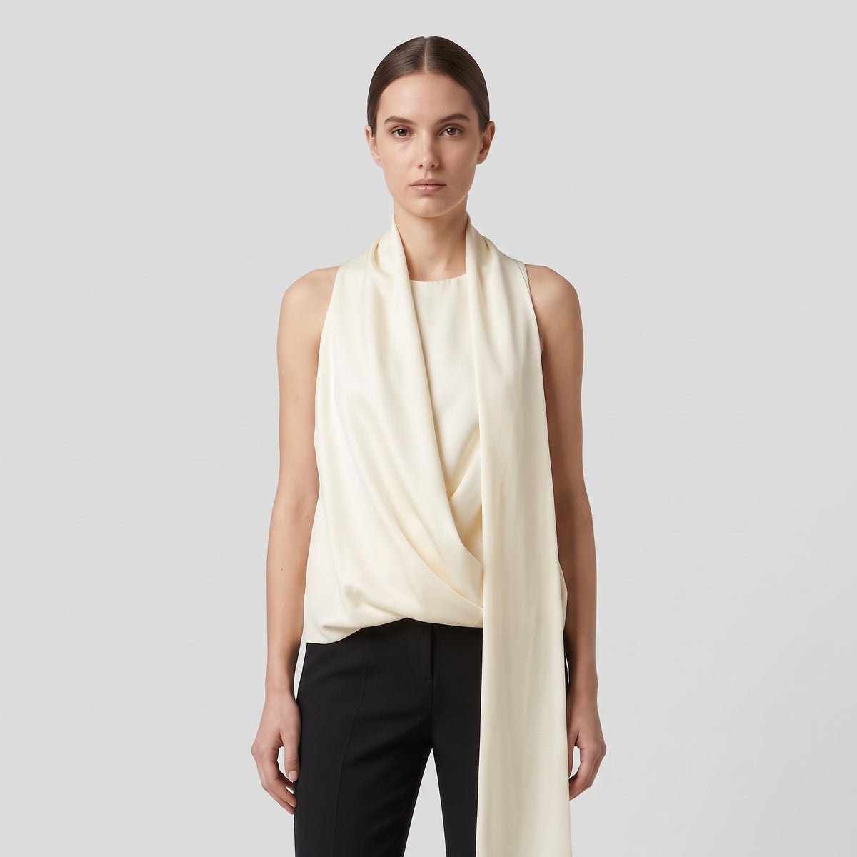 Ivory Draped Sleeveless Blouse