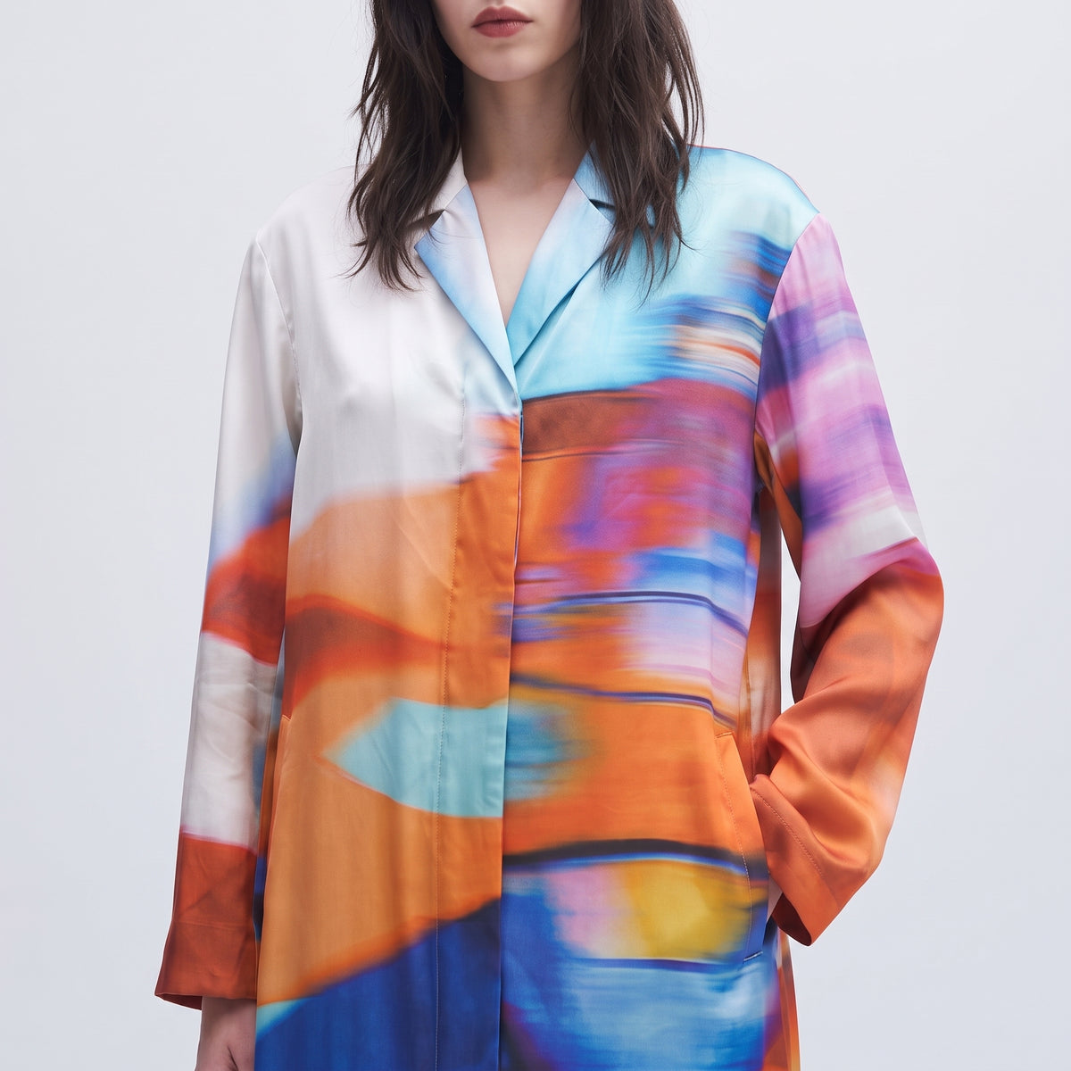 Abstract Print Satin Shirt Dress