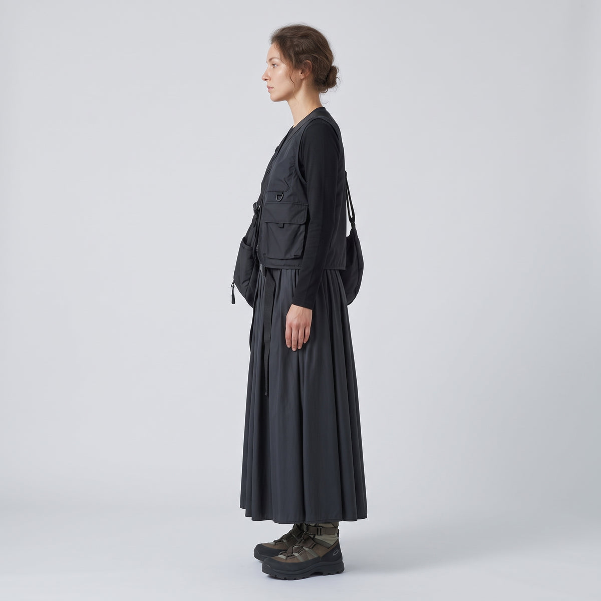 Black Pleated Belted Midi Skirt
