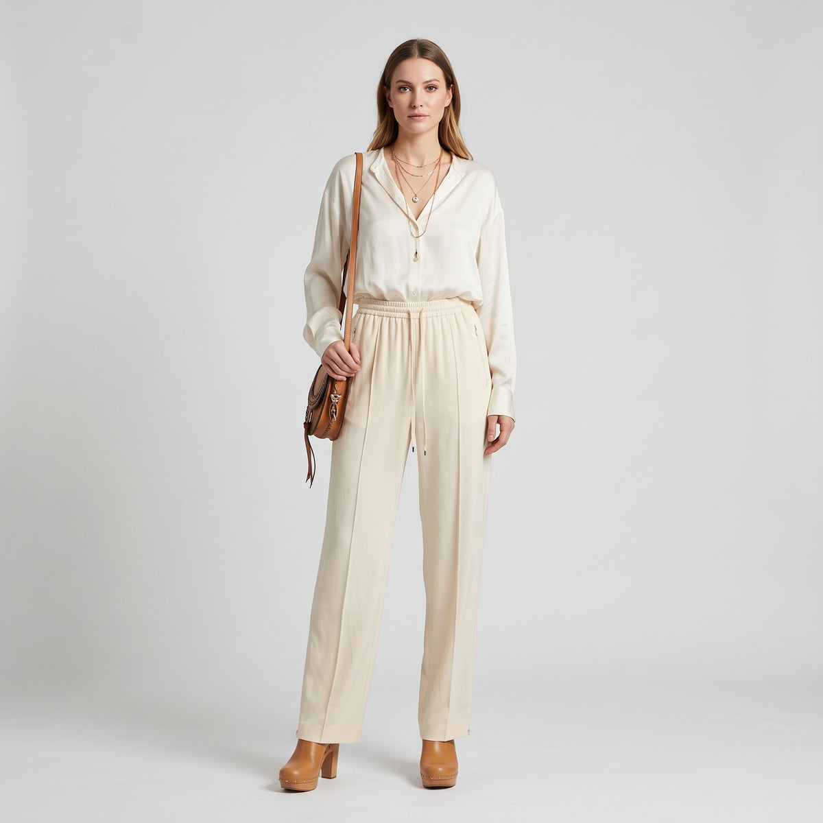 Beige Wide Leg Drawstring Trousers