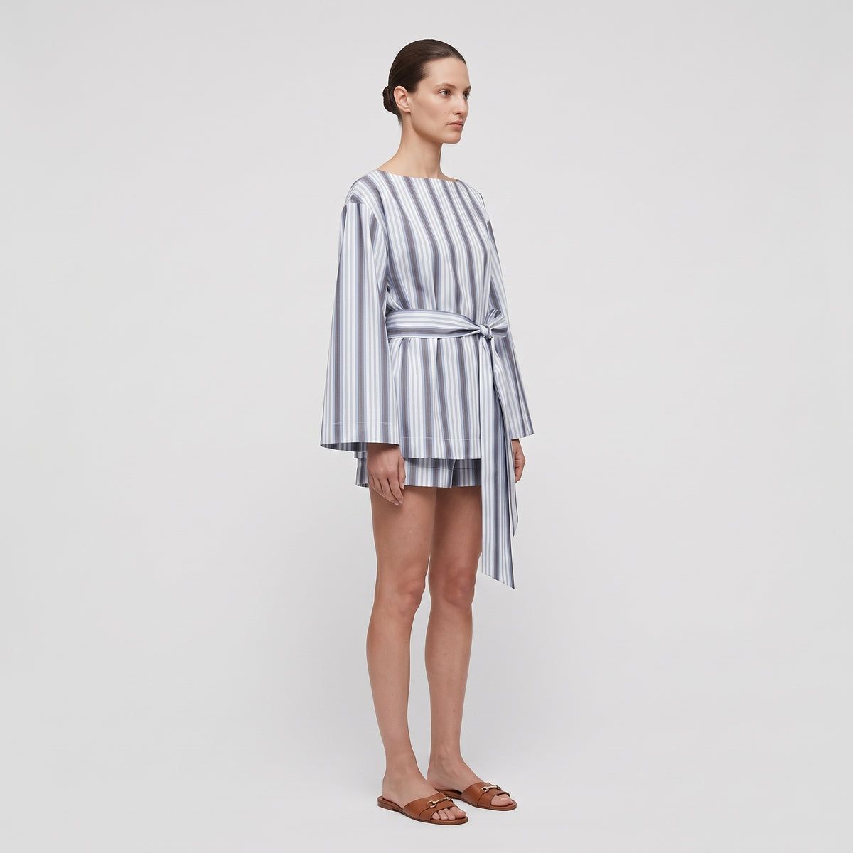 Striped Boat Neck Tie-Waist Blouse