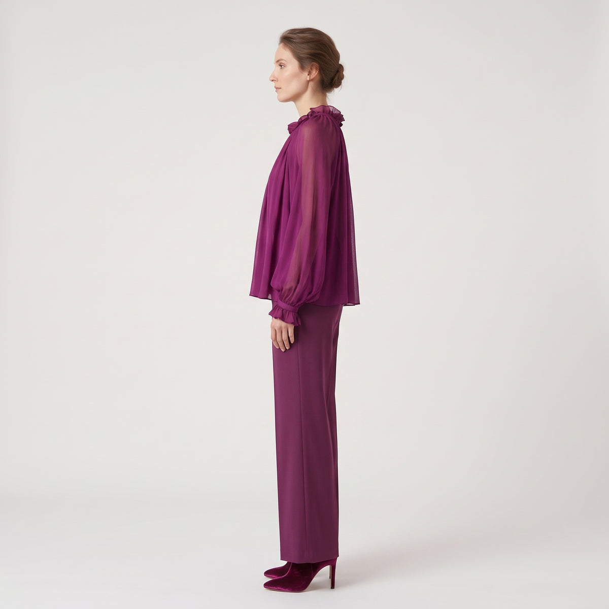 Ruffled High-Neck Violet Blouse