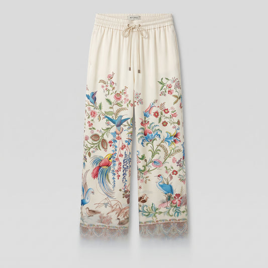 Beige Floral Wide Leg Trousers