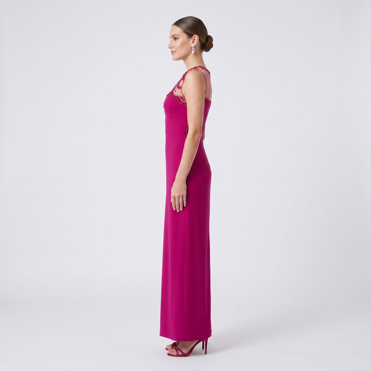 Fuchsia Beaded Illusion Neck Gown