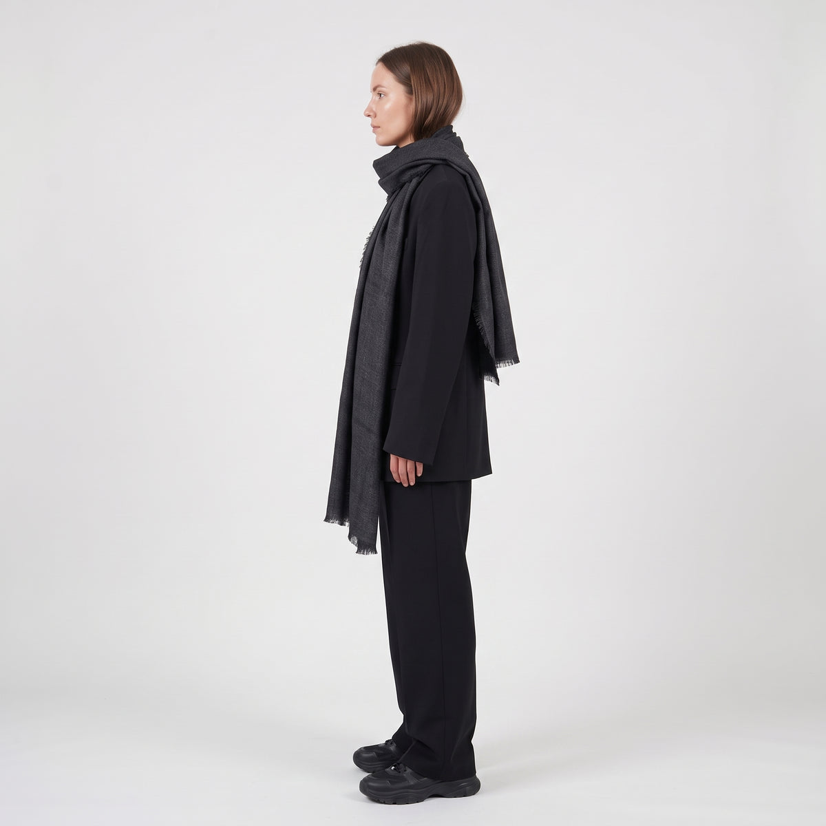 AMA PURE Fringed Black Wool Stole Scarf - view 3