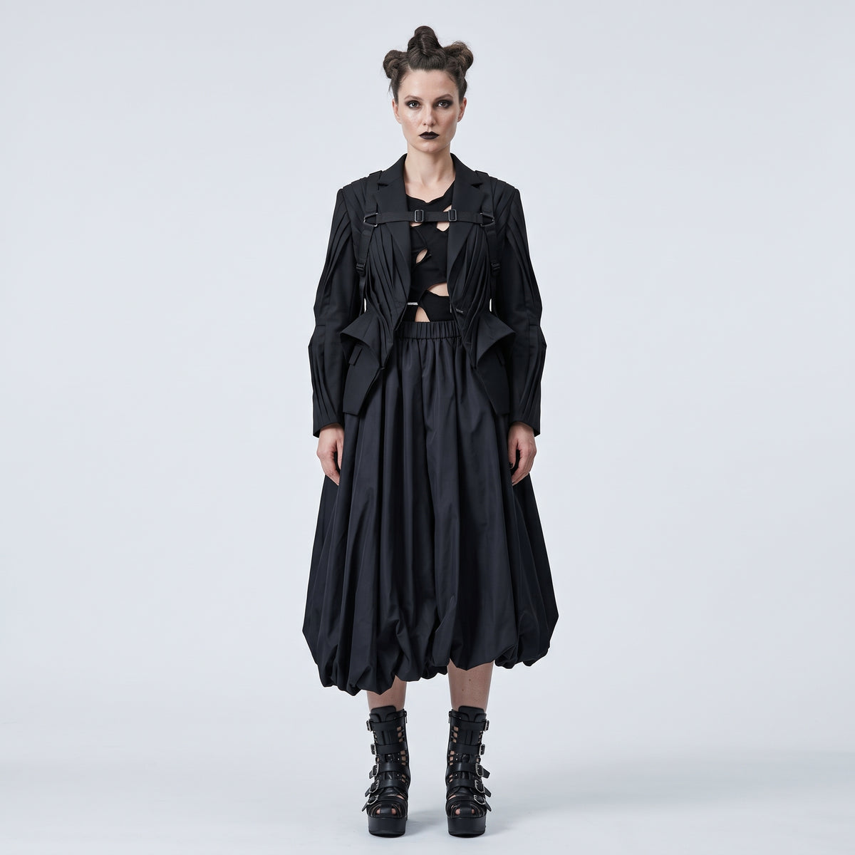Black Gathered Balloon Midi Skirt