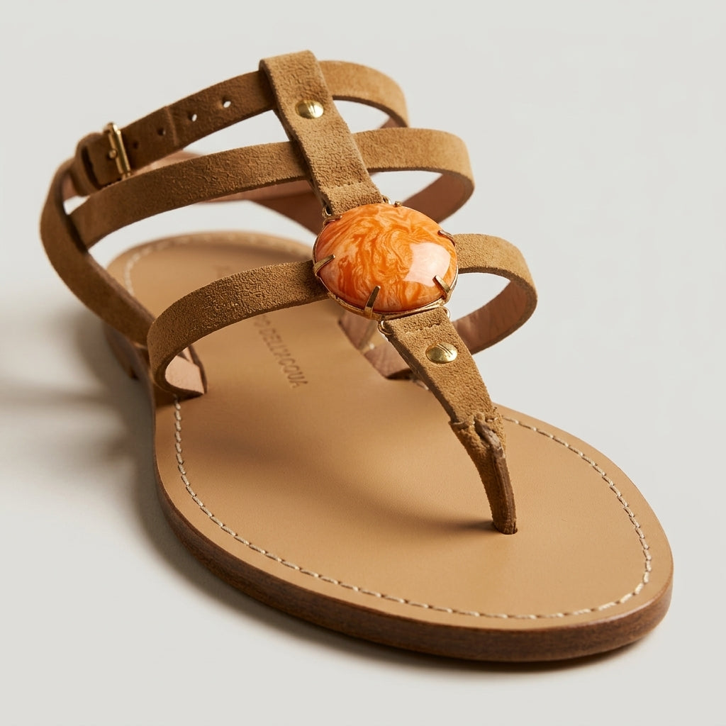 Embellished Brown Suede Sandals